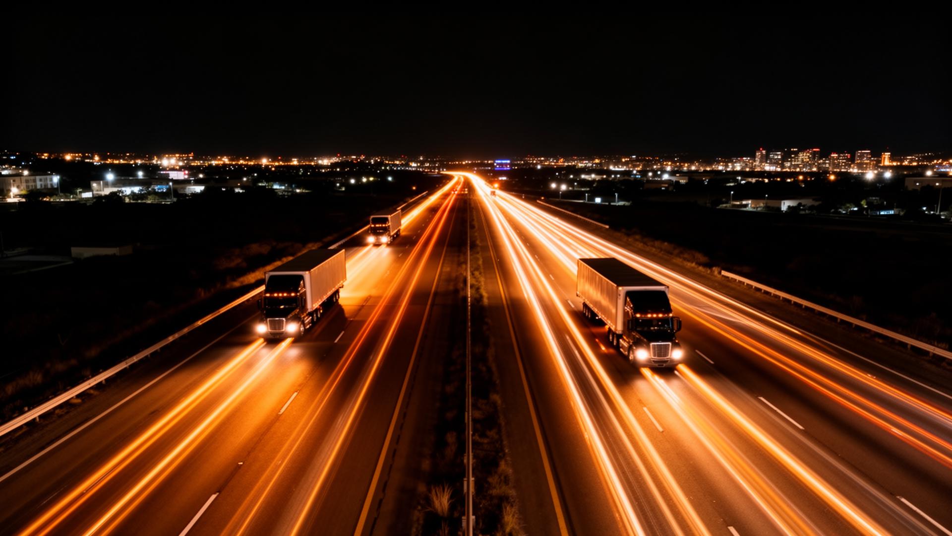 Trucks moving through the night