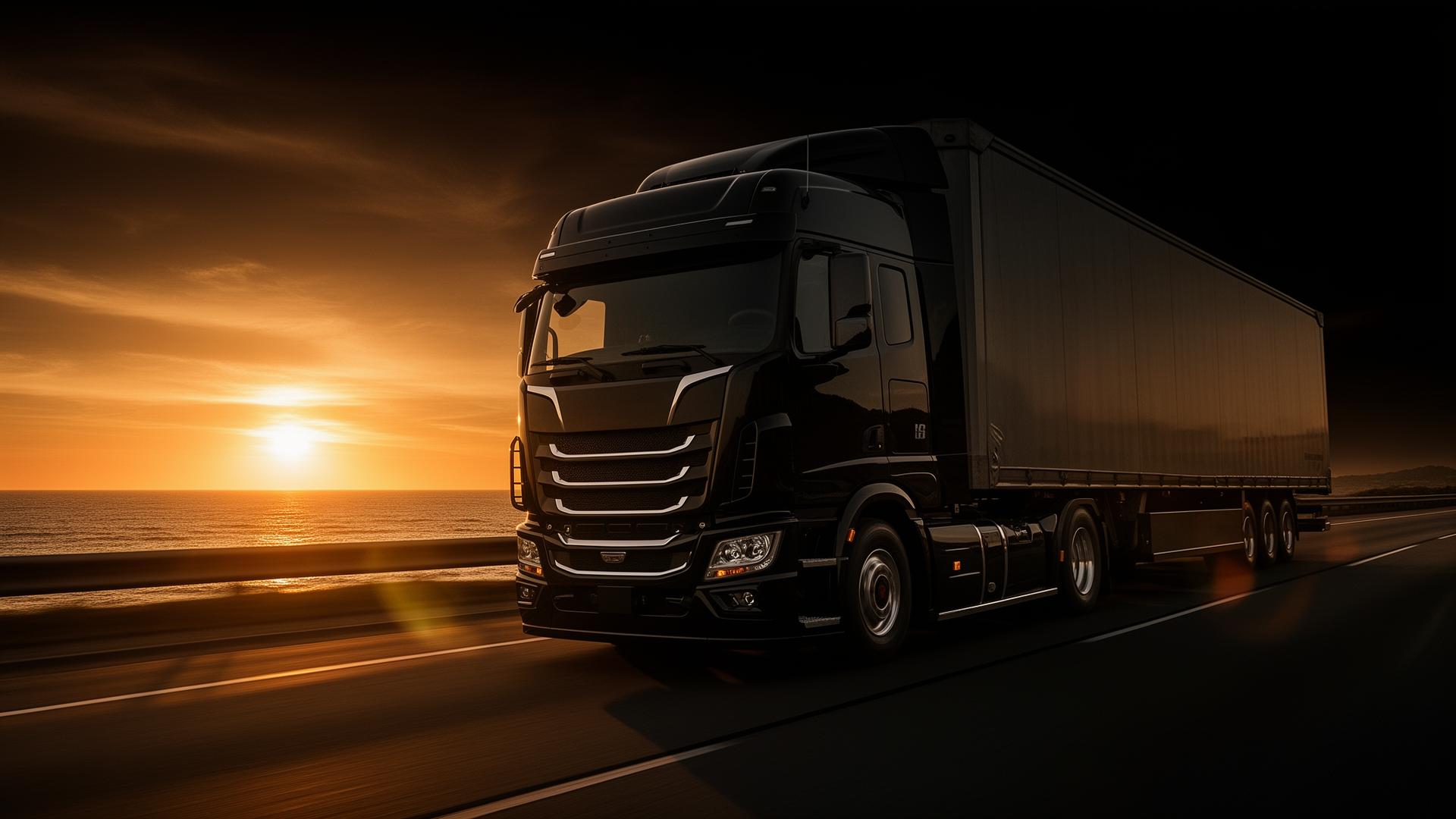 Premium black semi-truck on coastal highway at golden hour